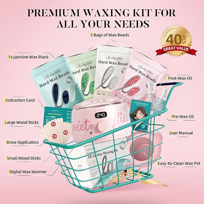 LANSLEYWAX Digital Waxing Kit for Women Men - Sweet Kiss Waxing Machine with 39 Accessories - Hard Wax Kit for Arm Leg Brazilian Bikini Face Sensitive Skin, Wax Warmer Hair Removal for Home/Salon Use