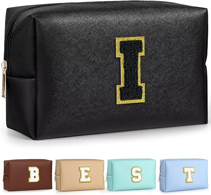 TOPEAST Preppy Makeup Bag, Cute Makeup Pouch PU Leather Waterproof Cosmetic Bag, Personalized Birthday Gifts for Mom Teacher Friends Bridesmaids Nurse, Trendy Stuff for Girls (Black I)
