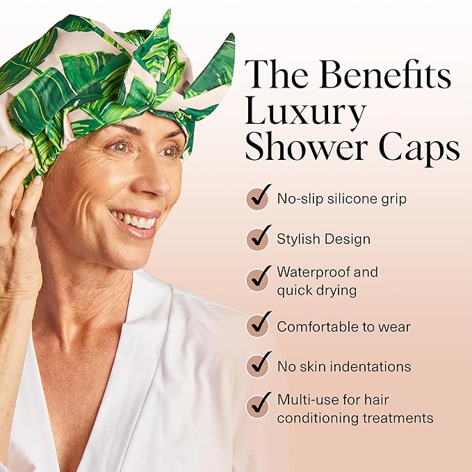 Kitsch Luxury Shower Caps for Women Reusable Waterproof - Large Shower Cap for Women and Men, Non-slip, Quick-dry Hair Cap for Long & Short Hair, Comfortable and Stylish Design - Palm Leaves