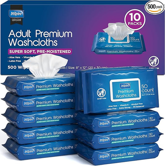 Inspire Adult Wet Wipes, Wash Cloths | Adult Wipes for Incontinence & Cleansing for Elderly, 8"x12" (500CT (10 PACKS OF 50))