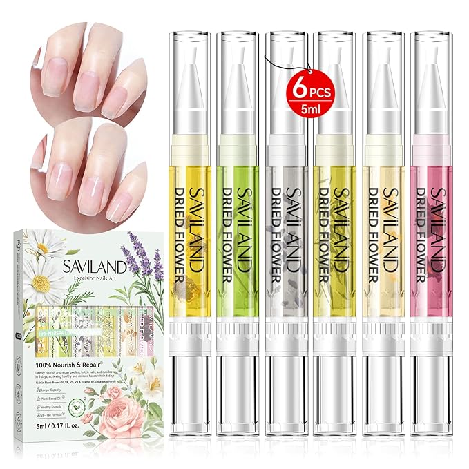 SAVILAND Floral Cuticle Oil Pen: 6Pcs 5ml Large Capacity Nail Growth Oil with Real Flowers For Revitalizing Hydrating Repairing Nail Strengthener Cuticles Softener Nail Growth Serum with Vitamin E