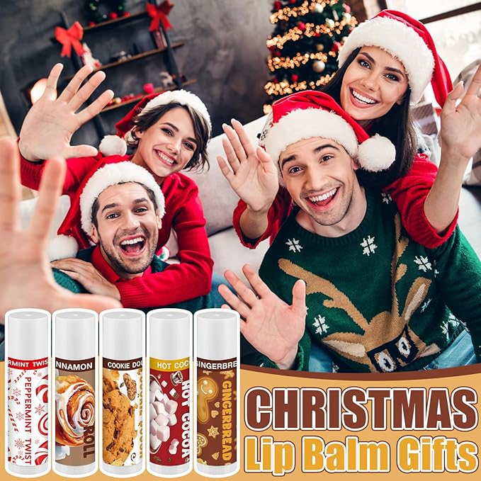 25pcs Christmas Peppermint Flavor Lip Balms Gift Bulk Candy Gingebread Hot Cocoa Cookie Cinnamon Flavor Lip Balm Favor Christmas Party Gift Stocking Stuffer for Coworker Staff Employee (Sweet)