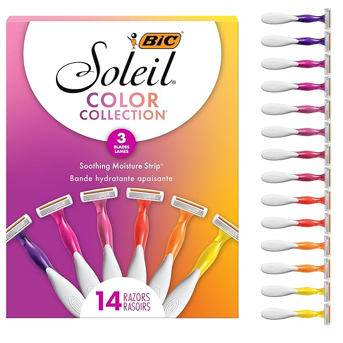 BIC Soleil 3 Colors Women's Disposable with 3 Blade Razors, Aloe Vera and Vitamin E Lubricating Strip for Enhanced Glide, 14 count, Stocking Stuffers for Women (Pack of 12)