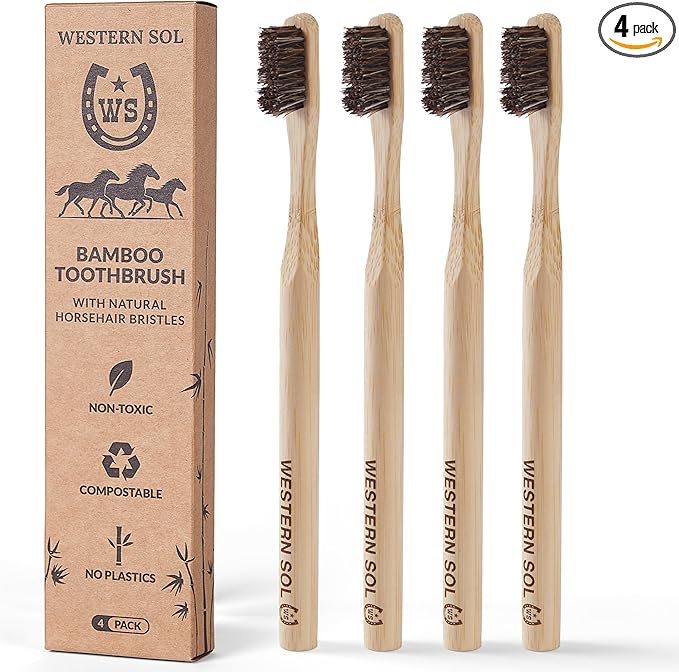 Western SOL Horse Bristle Bamboo Toothbrushes (4-Pack) – Luxury Toothbrush - Plastic-Free, Biodegradable, Eco-Friendly – No Chemicals