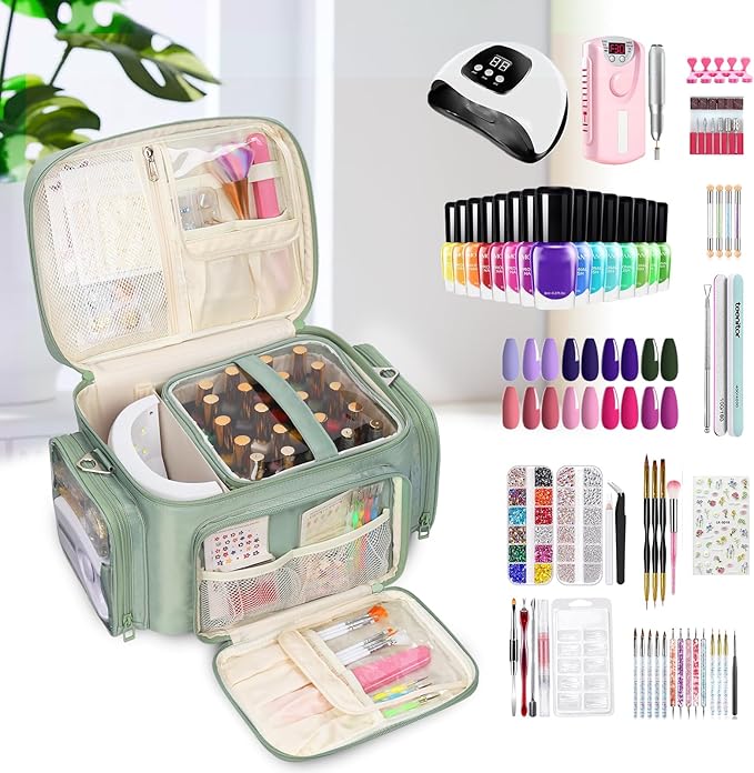 Nail Polish Organizer, Nail Polish Storage Holds 42+ Bottles & Nail Lamp, Portable Travel Nail Kit Storage Carrying Case Fits Nail Suppiles, Gift for Manicurist, Grils - Green