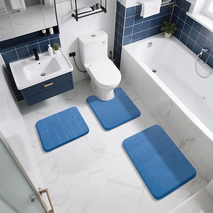 Yimobra Memory Foam Bath Mat, Super Soft Absorbent Bathroom Rug Non Slip, Quick Dry, Machine Washable Floor Carpet for Tub Shower, Home Decor Accessories, 24x17, Blue