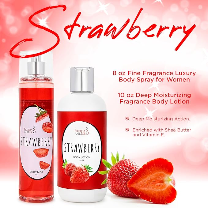 Home Spa Gift 10oz Deep Moisturizing Fragrance Body Lotion & 8 oz. Fine Fragrance Body Mist Set Luxury Self-Care Combo for Women and Girls (Strawberry)