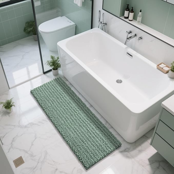 Yimobra Bathroom Runner Rug 60x24 Inch - Extra Long Non Slip Chenille Bath Mat, Soft & Absorbent, Machine Washable Shaggy Hallway Carpet for Vanity Tub Shower, Green Home Decor Accessories