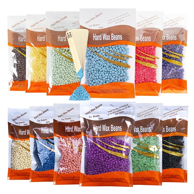 12PCS Hard Wax Beads for Hair Removal,Flawless Waxing Beans for Face,Body,Underarm,Chest,Eyebrow,Legs,Brazilian Bikini,At Home Hard Wax Kit with12 Applicator Sticks