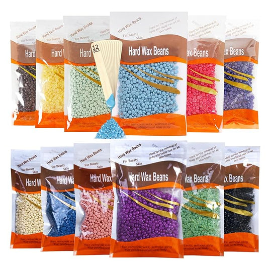 12PCS Hard Wax Beads for Hair Removal,Flawless Waxing Beans for Face,Body,Underarm,Chest,Eyebrow,Legs,Brazilian Bikini,At Home Hard Wax Kit with12 Applicator Sticks