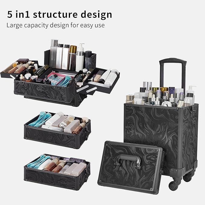 Rolling Makeup Case, Makeup Train Case with Lid, 5 in 1 Cosmetology Case on Wheels, Christmas Gift, Large Makeup Organizers, Profesional Cosmetic Case for Salon Barber, Pattern Black