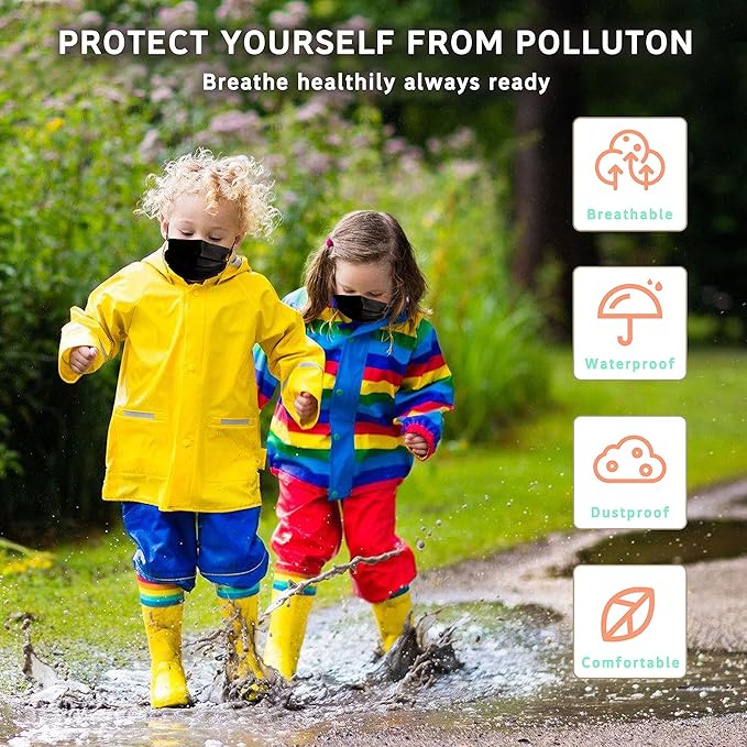 akgk 100Pcs Kids Disposable Face Mask Protective Childrens Black Safety Masks