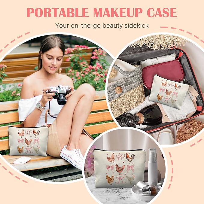 Coquette Pink Bow Chicken Makeup Bag for Women, Chicken Lover Gifts, Preppy Cottagecore Cosmetic Bag for Purse, Cute Rooster Hen Farm Animal Makeup Zipper Pouch