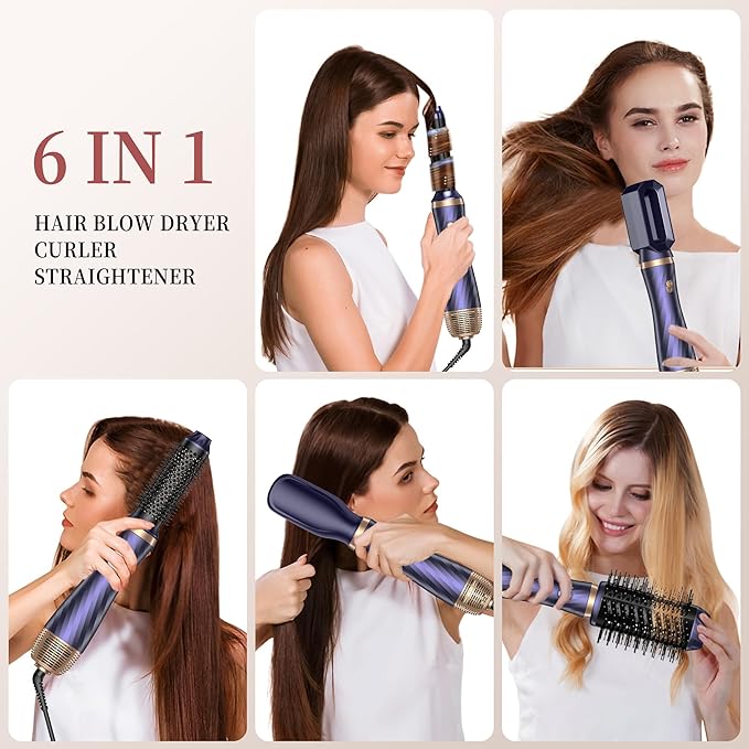 6 in 1 Hair Dryer Brush, Upgrade Detachable Blow Dryer Brush Air Styler Wrap Air Curler, Curly Twist Hot Curling Iron, Negative Ion Blow Dryer Hot Styler, Travel Hair Styling Tool