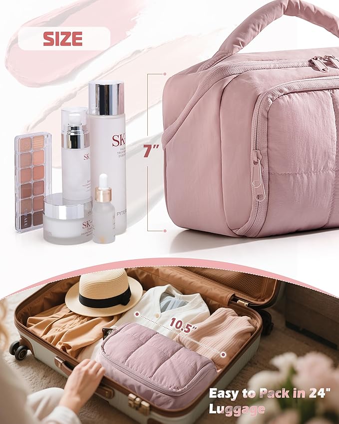 Travel Makeup Bag for Women, Toiletry Organizer with Waterproof Pockets, Puffy Cosmetics Pouch for Makeup Brushes, Skincare & Travel Essentials, Pink (Bag only)