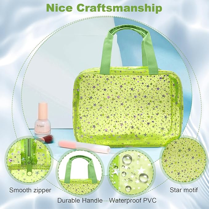Clear Green Star Large Makeup Bag with Star Pattern 12x5x8 inch, Travel Cosmetic Bag with Handle, Durable PVC Material Washbag Zipper Opening Design for Makeup Travel Organizer or Gym Use