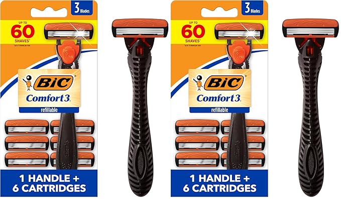 BIC Comfort 3 Refillable Three-Blade Disposable Razor for Men, Sensitive Skin Razor For a Comfortable Shave, 1 Handle and 6 Cartridges, 7 Piece Razor Set (Pack of 2)