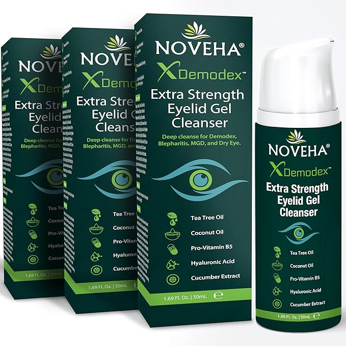 NOVEHA Demodex Extra Strength Eyelid Gel Cleanser - for Demodex, MGD and Dry Eye with Pro-Vitamin B5, Tea Tree Oil, and Hyaluronic Acid - Gentle Cleansing, Soothes Itchy Eyelid - 50mL (3 Pack)