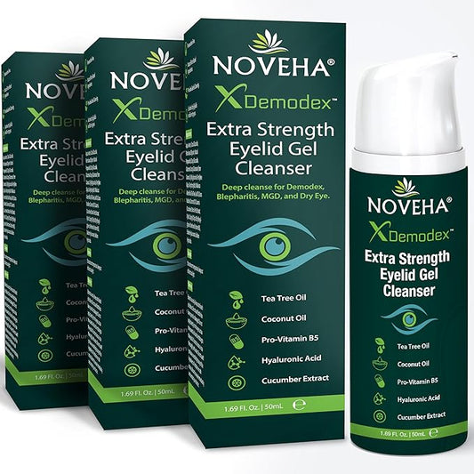 NOVEHA Demodex Extra Strength Eyelid Gel Cleanser - for Demodex, MGD and Dry Eye with Pro-Vitamin B5, Tea Tree Oil, and Hyaluronic Acid - Gentle Cleansing, Soothes Itchy Eyelid - 50mL (3 Pack)