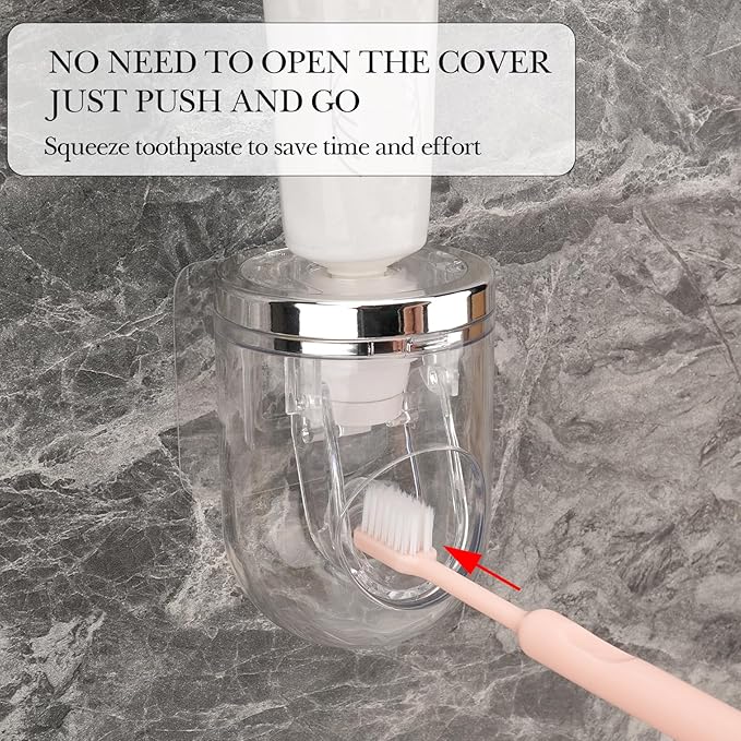 5 Slots Wall Mount Toothbrush Holder with Cover, Self Adhesive Tooth Brush Storage Organizer for Shower Bathrooms, Toothbrush Stand with Automatic Toothpaste Squeezer Dispenser