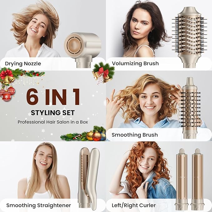 6-in-1 Hot Air Styler – Hair Dryer & Versatile Air Styler with Auto Curler, Volumizing Brushes, Straightener，Frizz-Free Hair Styler for Curling, Straighting, Smoothing & Adding Volume, No Heat Damage