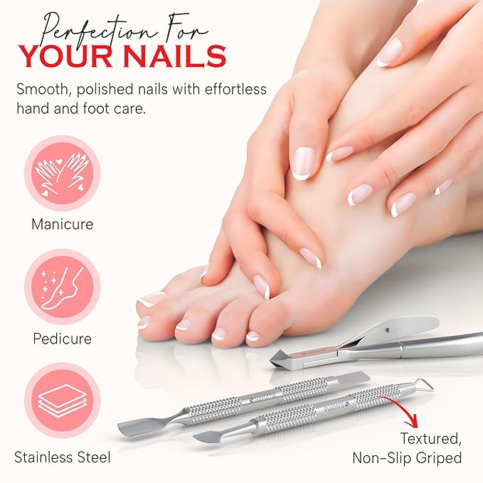 Suvorna Cuticle Nippers with Cuticle Pusher, Nail Scraper and Gel Remover – Professional Stainless Steel Cuticle Trimmer Set for Manicure - Cuticle Set for Fingernails and Dead Skin (Silver, 3 PCS)