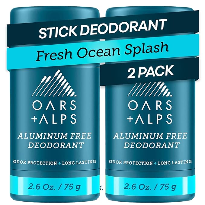 Oars + Alps Deodorant for Men & Women, Aluminum Free Deodorant for Men, Dermatologist Tested, Clean Ingredients, Non Toxic, Vegan, Long Lasting, Odor Protection, Fresh Ocean Splash, 2pk, 2.6oz