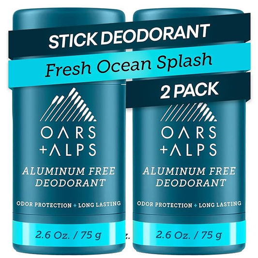 Oars + Alps Deodorant for Men & Women, Aluminum Free Deodorant for Men, Dermatologist Tested, Clean Ingredients, Non Toxic, Vegan, Long Lasting, Odor Protection, Fresh Ocean Splash, 2pk, 2.6oz