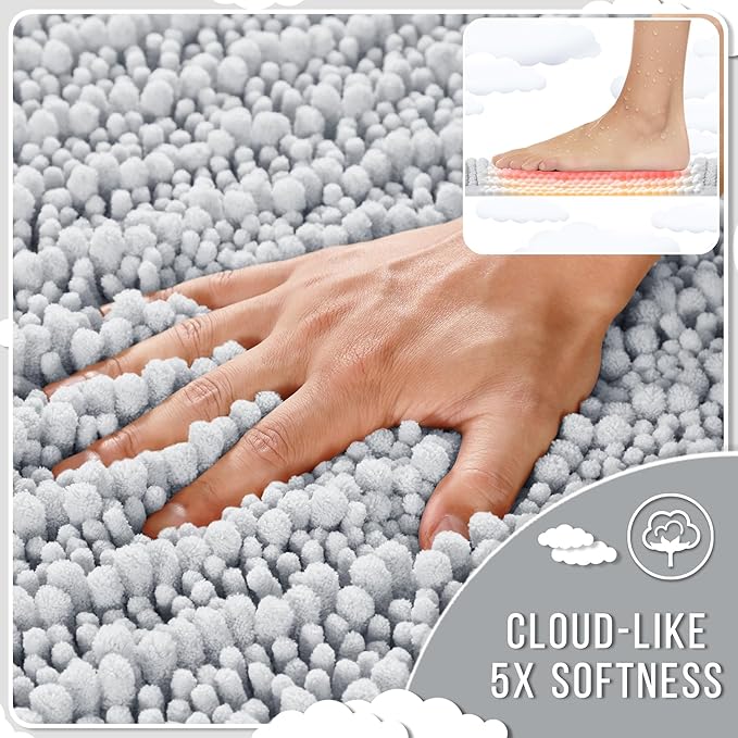 Yimobra Bathroom Rugs Non Slip Washable - Ultra Soft Absorbent Chenille Bath Mat, Quick Dry Shaggy Floor Carpet for Tub Shower, Silver Home Decor Accessories, 24x17 Inch