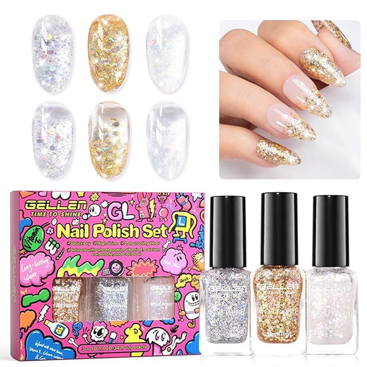GELLEN Glitter Nail Polish Set 3 Colors Silver Gold Glitter Sequins Nail Polish Quick Dry Sparkle Nail Lacquer Reflective Fingernail Toenail Polish DIY Manicure Gift for Christmas/New Year/Winter