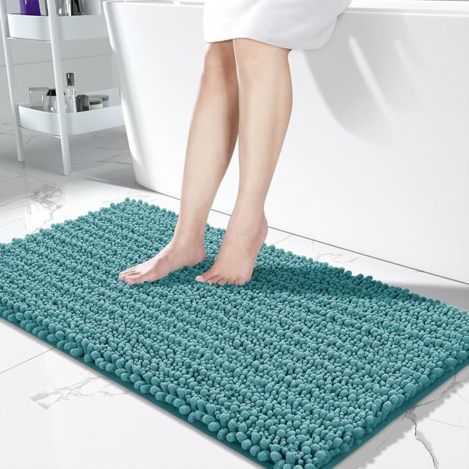 Yimobra Bathroom Runner Rug 55x24 Inch - Extra Long Non Slip Chenille Bath Mat, Soft & Absorbent, Machine Washable Shaggy Hallway Carpet for Vanity Tub Shower, Teal Blue Home Decor Accessories