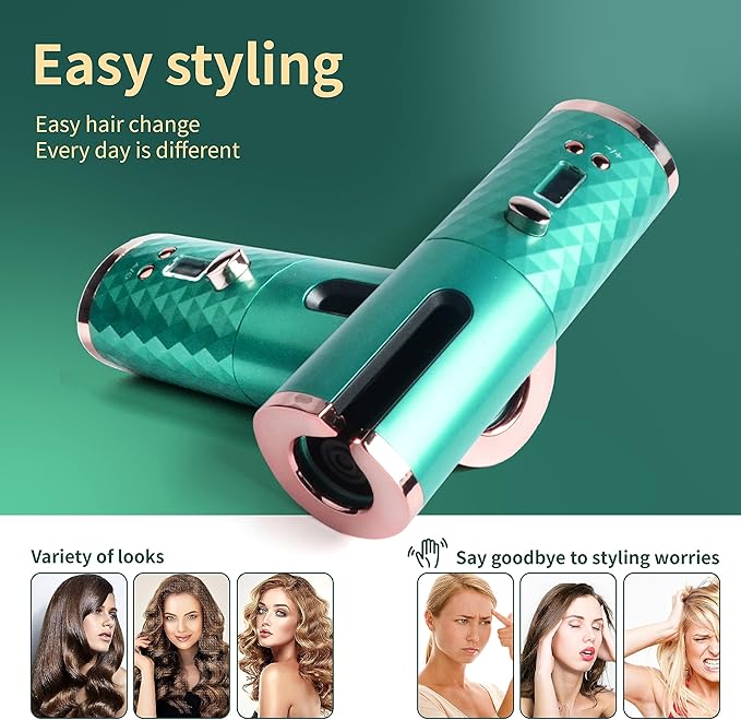 Automatic Curling Iron, Hair Curling Iron for Hair Styling, Cordless Auto Hair Curler, with 6 Temps and Timers, Auto Shut-Off, Fast Heating, Rechargeable Cordless Hair Curler 1 (Green) (Green)