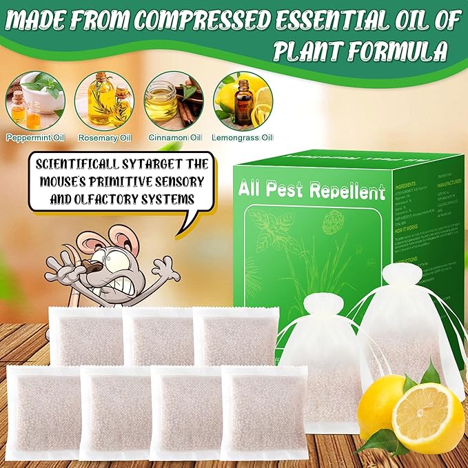 24 Pack Natural Mice Repellent - Peppermint Oil to Repel Rats Mice Vole Mole Deterrent for Car Engines Indoor and Outdoor, Safe for Humans & Pets, Pouches for Other Pest Roaches