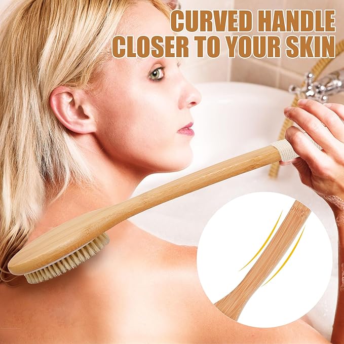 OWIIZI Bath Brush Bamboo Curved Long Handle Antiskid Body Brush for Exfoliating, Natural Bristles Shower Scrubber for Back Use Wet or Dry,Back Scrub Deep Cleanse-17.9inches