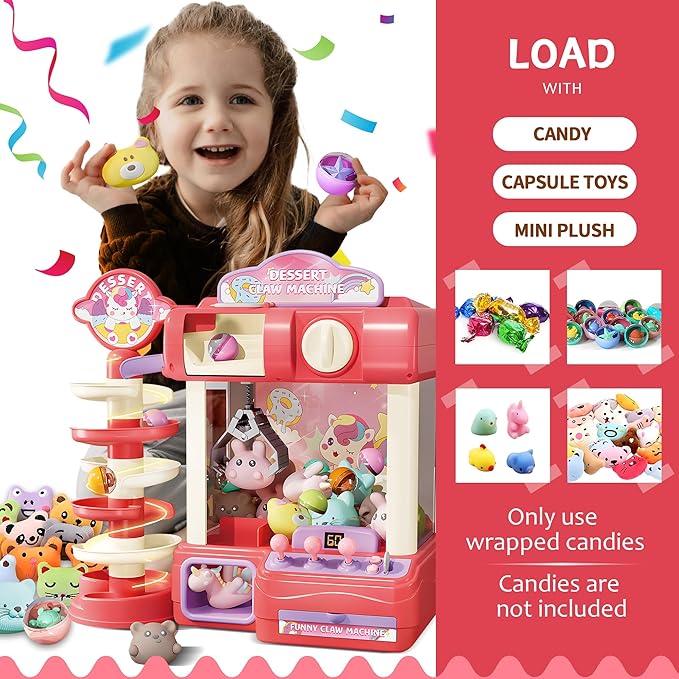 Claw Machine for Kids, Mini Vending Machine Toys for Girls, Arcade Game Toy for Ages 8-13, Electronic Claw Game Machine for Party with Lights Sound, Birthday Gifts for Ages 4+