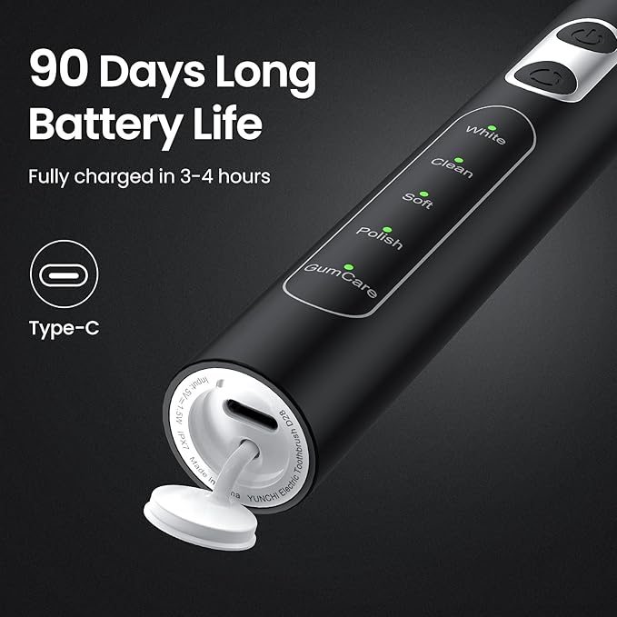 YUNCHI Electric Toothbrush for Adults and Kids, Rechargeable Sonic Electric Tooth Brush with 8 Brush Heads, 90 Days, 5 Models & 2 Minutes Smart Timer, Travel Case, 44000 VPM Motor, Black