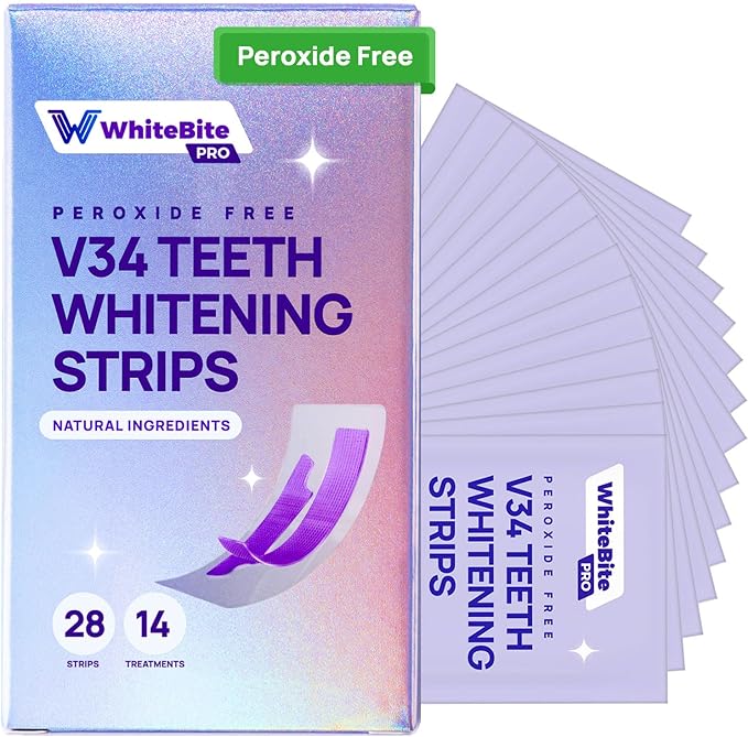 Whitebite Pro Purple Teeth Whitening Strips, 28 Strips (14 Treatments), Enamel-Safe, with Pap, V34 Color Corrector, Hydroxyapatite for Enamel Care, Non-Slip Design