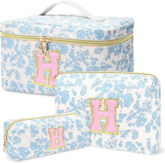 3 PCS Travel Makeup Bag Set,A-Z Initials Cotton Make up Bag Floral Quilted Cosmetic Bag for Girls and Women,Personalized Christmas Gifts,Cute Toiletry Travel Accessories Brushes Bags-H