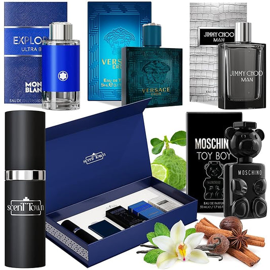 Mens Cologne Gift Sets Bundle Mini Bottle – Designer Mens Cologne Sampler Sets with Refillable Atomizer – Box Includes Versace, Moschino, Mont Blanc, Jimmy Choo Travel Size (0.17 Oz Each)