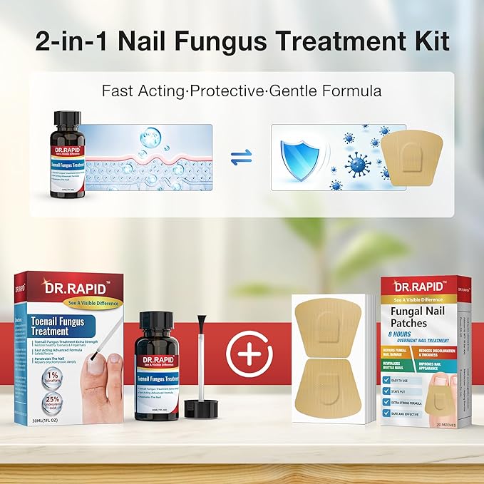 Toenail Fungus Treatment Extra Strength – 30mL Liquid Solution and 20 Fungal Nail Patches for Thick, Brittle or Discolored Nails – Gentle Repair for Damaged Toenails and Fingers–Dual-Action Treatment