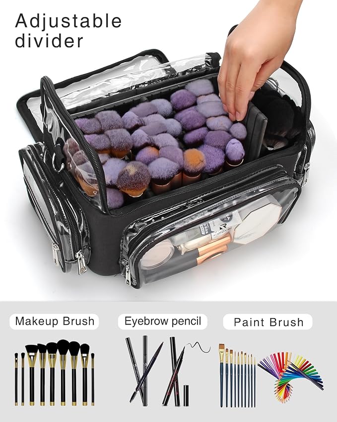 Makeup Brush Case, Extra Large Makeup Brush Bag XL Professional Makeup Artist Must Haves Travel Case with Stand Up Brush Slots Cosmetic Organizer Bag, Full Open Easy to Access, with Adjustable Strap