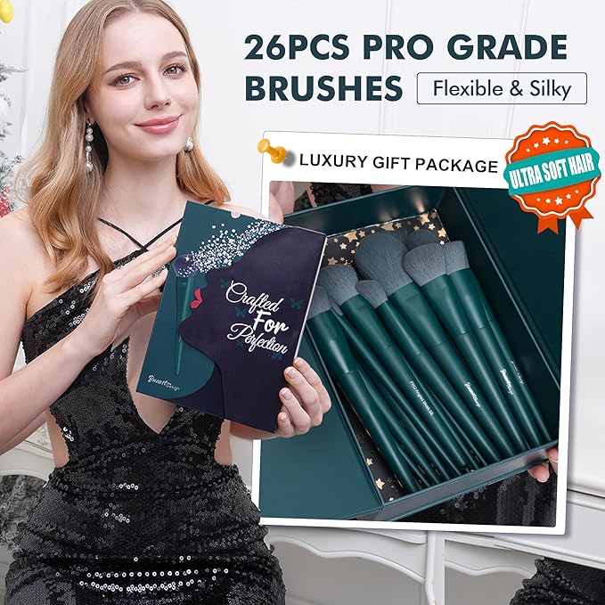 Bueart Design 26Pcs Christmas Professional Makeup Brushes Set with Elegant Box,Premium Ultra Soft Synthetic Brush for Foundation Blush Powder Contour Concealer Bronzer Eyeshadow for Pro makeup