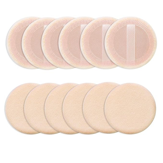 Sibba Loose Powder Puff 12 Pieces Round Velour Face Makeup Compact Body Container Setting Pressed Blending Foundation Cream Make Up Ribbon Strap Sponge Cushion Applicator (Skin Color)