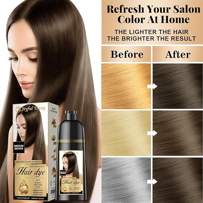 Natural Color Hair Dye Shampoo 3 IN 1, Instant Hair Coloring, Gray Coverage for Men & Women, Beard Dye Vegan Ammonia Free & Paraben-Free, Champú Para Canas Mujer & Hombre (MEDIUM BROWN)