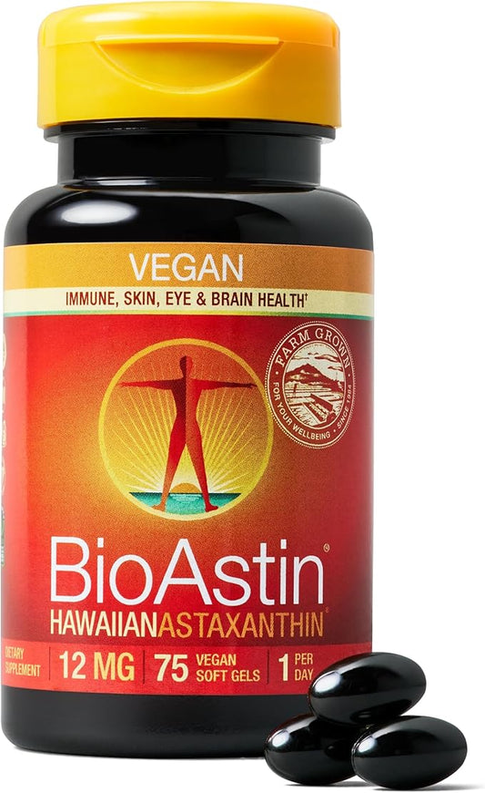 Nutrex Hawaii Vegan BioAstin Hawaiian Astaxanthin - 12mg, 75 Softgels - Farm-Direct Premium Antioxidant Supplement to Support Eye, Skin, Joint & Immune System Health - Non-GMO & Gluten-Free