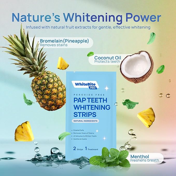 Whitebite Pro Natural Pap Teeth Whitening Strips (14 Treatments / 28 Strips) | Pineapple & Coconut Enzyme Formula | Enamel-Safe, Non-Slip, Gentle for Sensitive Teeth