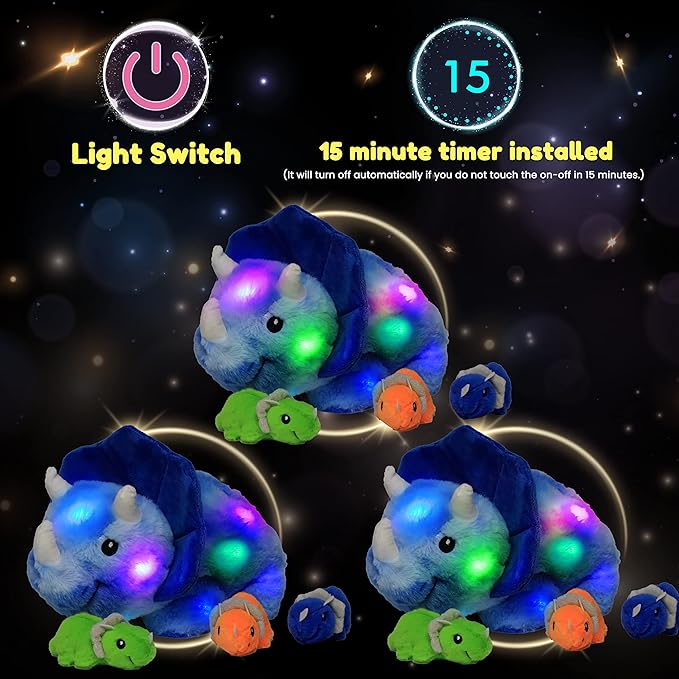 Hopearl LED Plush Dinosaur Lighting Up Stuffed Mommy Triceratops with 3 Babies in her Tummy Floppy Stuffed Animal Playset Night Lights Glow in The Dark Gifts for Kids Toddler Boys, Blue, 15''