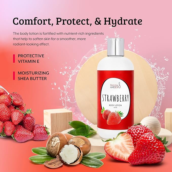 Home Spa Gift 10oz Deep Moisturizing Fragrance Body Lotion & 8 oz. Fine Fragrance Body Mist Set Luxury Self-Care Combo for Women and Girls (Strawberry)