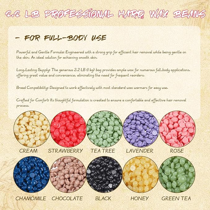 YOUNG VISION Hard Wax Beads for Hair Removal, 2.2lbs 1000g Refill Waxing Beads for Sensitive Skin Women, Face, Brazilian, Bikini, Body, Soft and Painless Waxing Beans, 10 Packs, Multi Color