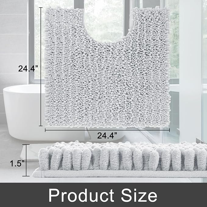 Yimobra Toilet Rug U Shaped Washable 24x20 Inch - Ultra Soft Absorbent Chenille Bath Rugs for Toilet, Quick Dry & Machine Washable, Non Slip Contour Bathroom Mat, Silver